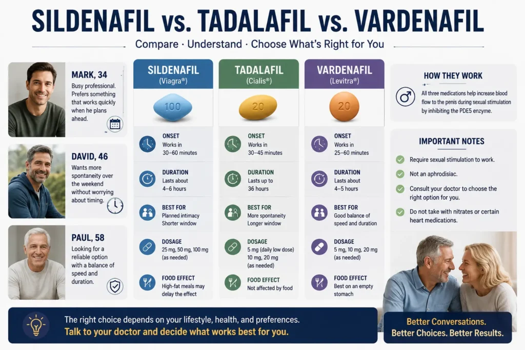 differences between sildenafil vs tadalafil vs vardenafil